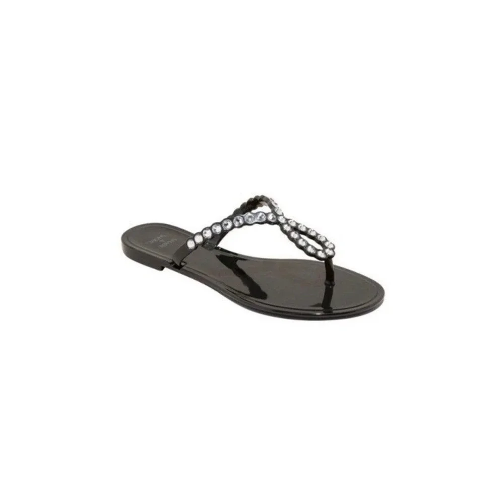 Shade & Shore Rhinestone Jelly Thong Sandals Womens 8 Black Sparkle Straps